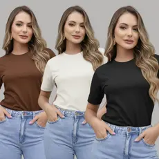 Kit 3 T-Shirt Algodão 30.1 Comfort Confortavel Estilosa Baby Look Casual Básica Urbana