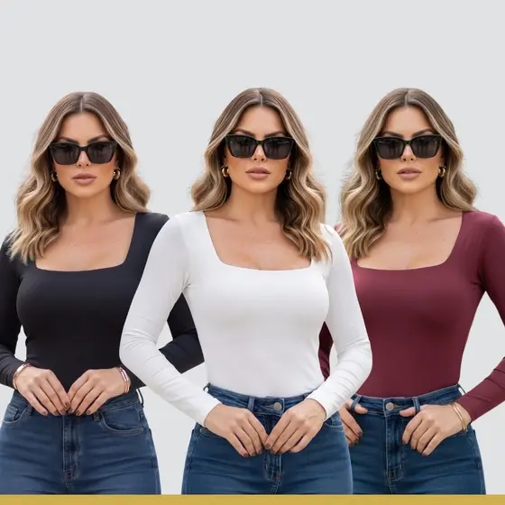 Blusa Feminina Kit 3 Manga longa Gola Quadrada  Roupa de Frio Blusas Tendencia Look Inverno