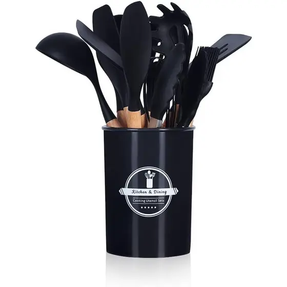 PRETO - Conjunto de Utensílios de Cozinha 12 Peças - Silicone e Cabo de Madeira