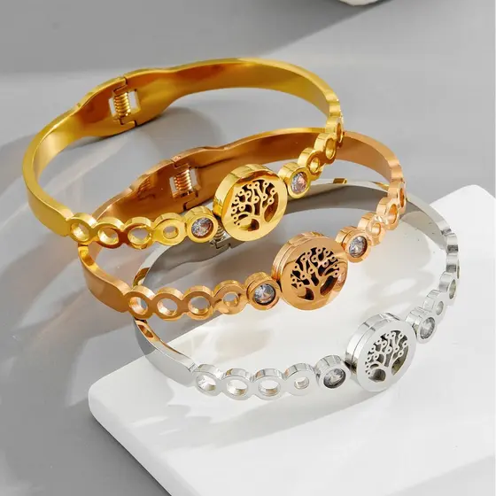 HT europeu americano titânio aço diamante-cravejado árvore da vida pulseira feminina pulseira de aço inoxidável moda jói