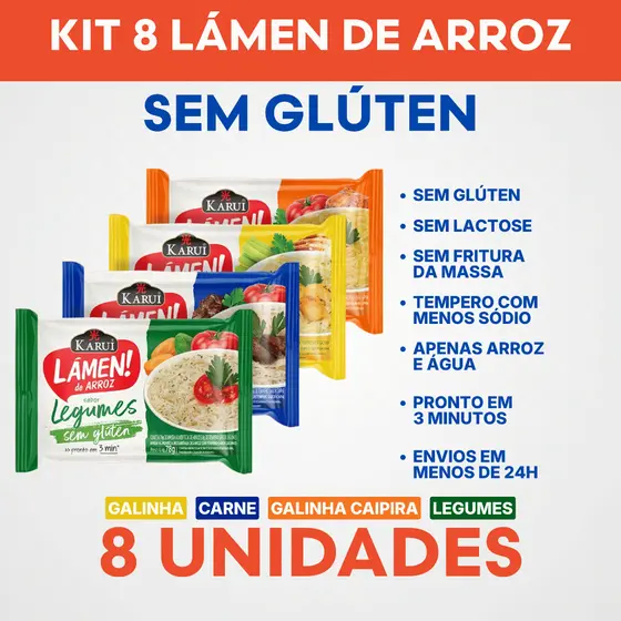 Kit 8 Lámen Arroz Karui Sem Glúten Sem Lactose | Vários Sabores| Saudável | Celíacos | Frete Grátis