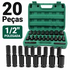 Jogo de Soquetes Impacto Longos 1/2" Kit 10/20 Peças 8 a 32mm Cromo Vanádio Alta Resistência