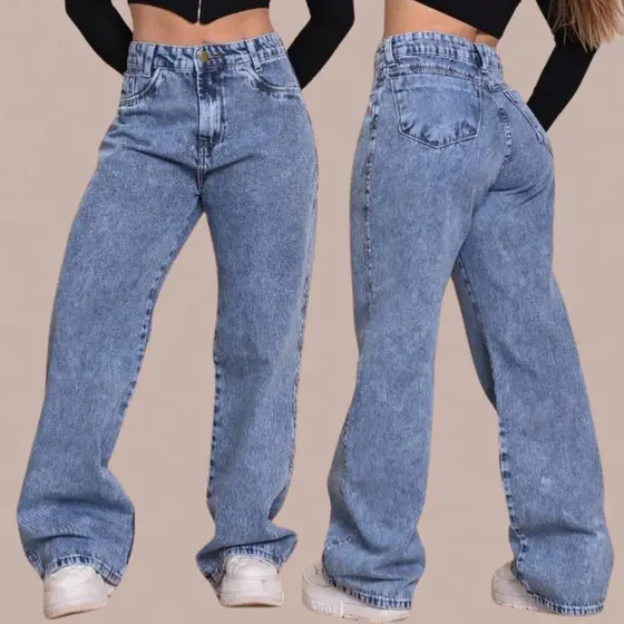 Cal莽a Wid Leg Jeans Feminina MARMORIZADA Cintura Alta Premium 100% Algod茫o