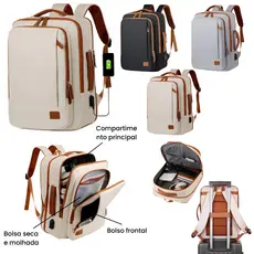 Mochila Unissex Multifuncional Expansível Impermeável Grande Capacidade com Porta USB e Alças Ajustáveis Reforçada