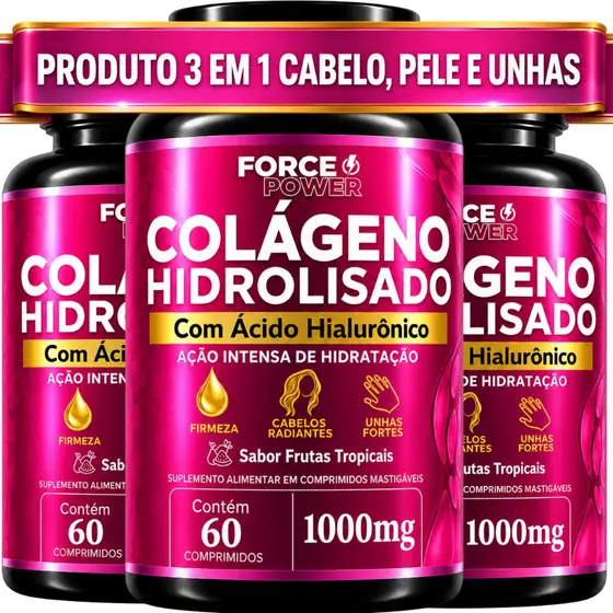 3 COLÁGENO HIDROLISADO + ÁCIDO HIALURÔNICO 3 em 1 Cabelo Pele e Unhas 1000mg - KIT PARA 03 MESES