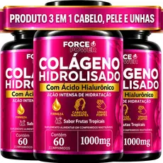 3 COLÁGENO HIDROLISADO + ÁCIDO HIALURÔNICO 3 em 1 Cabelo Pele e Unhas 1000mg - KIT PARA 03 MESES