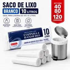 Saco de Lixo Branco 10 Litros 40, 80 e 120 unds - Lixeiras Pequenas Banheiro Cozinha Escritório