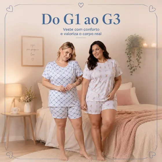Pijama Plus Size Feminino Conjunto Doll Blusa Manga Curta e Short Estampado para Dormir dia a dia Kit Sortido