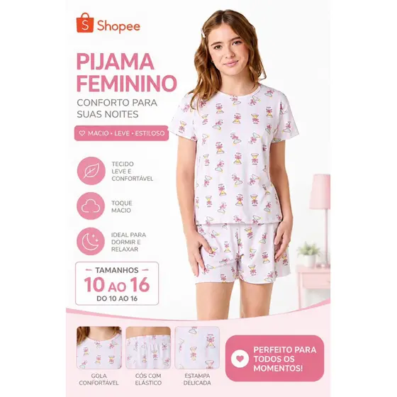 Pijama Infantil e Juvenil Menina Manga Curta com Estampas Fofas e Conforto Roupa para dormir Feminino Verão calor