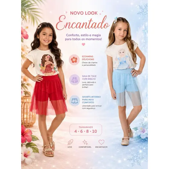 Conjunto Infantil Menina Blusa estampada+ Short Saia Tule  – Look Fashion Primavera Verão