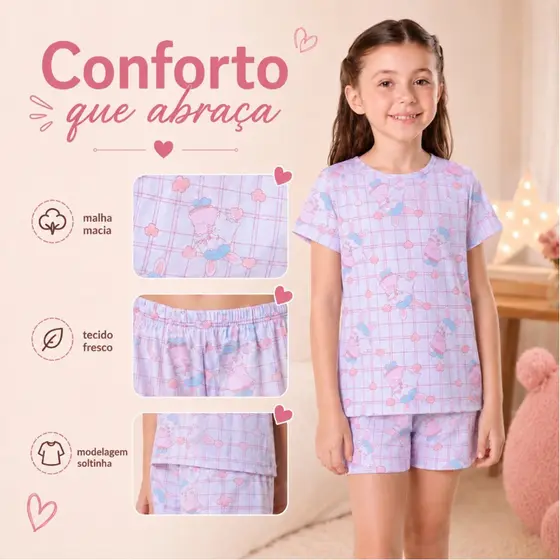 Conjunto Pijama Infantil Feminino Blusa e Short Estampado para Dormir Kit Sortido confortavel