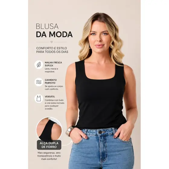 Blusinha Regata Suplex Duplo Forro Feminina Básica Elegante Moda Blogueira