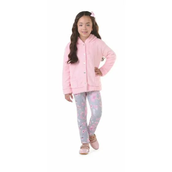 Casaco Infantil Feminino Sherpa Peluciado com Capuz Botão Coração Inverno Menina Quentinho Macio Moda Infantil