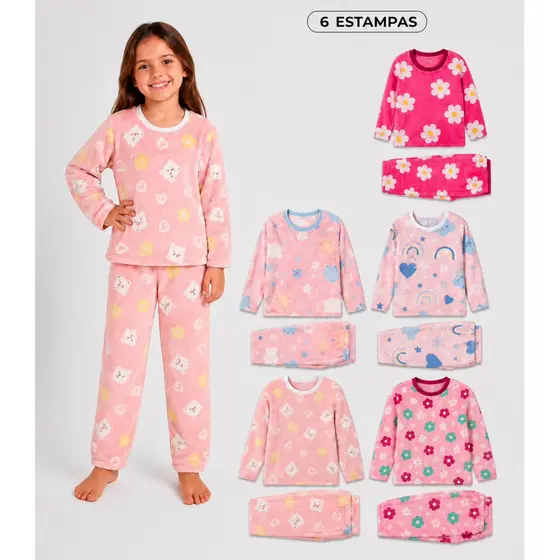kit 1, 2 ou 3 Pijama Infantil Estampado em Fleece Feminino Inverno Quentinho