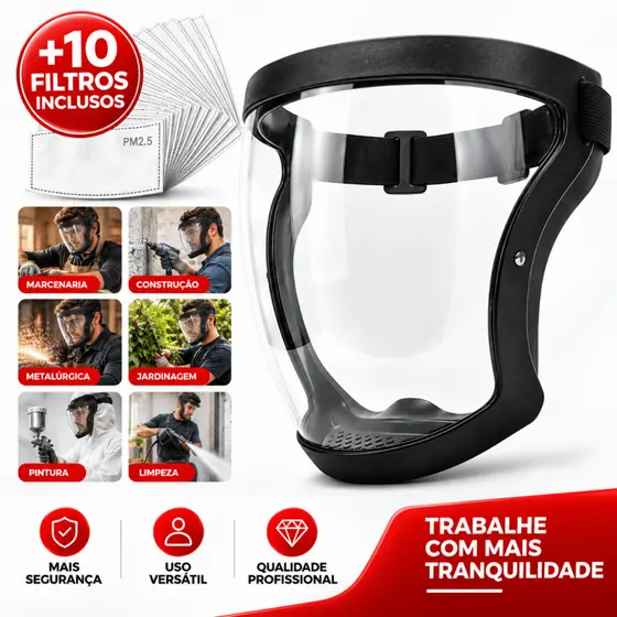 Máscara Facial Transparente Protetora Anti Poeira +10 Filtros Óculos De Proteção Epi Multiuso Visor Acrílico Roçadeira