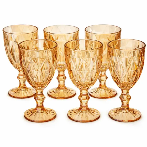 Jogo Conjunto Taça 6 Peças De Vidro Diamante Amber Metalizada 330ml Bebidas Drinks Restaurantes Bar