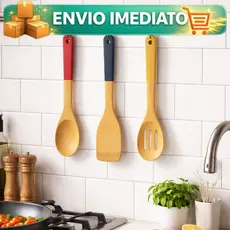 Conjunto Utensílios Cozinha 3 Peças Bambu Cabo Colorido Vintage Decorativo - Class Home