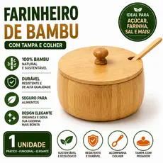 Farinheiro de Bambu Porta Temperos Com Tampa E Colher Açucareiro Condimentos Alimentos Pote casutil