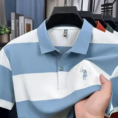 Nova Camisa Polo Bordada Listrada Masculina Casual Gola Virada Para Baixo Manga Curta Top De Verão