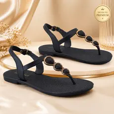 Sandália Feminina Rasteira Elegante Com Detalhe Dourado Luxo Fivela Regulável Confortável Dia a Dia