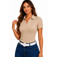 Blusa Polo Feminina Ribana Canelada Gola V Sem Botão Ajustada Moda Casual Elegante Tamanho P ao GG