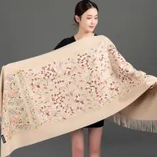 Lenço longo étnico bordado de frutas feminino bordado flor imitação caxemira xale dupla utilização proteção espessada