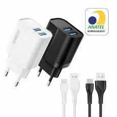 Kit Carregador Fonte + Cabo Tipo C Carga Rápida 10W Duas Entradas USB 3.1A
