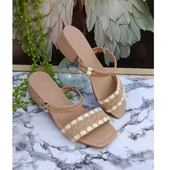 envio imediato promoção queima de estoque de inverno Sandália salto bloco tira ráfia tendência confortável super macia