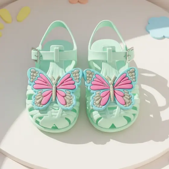 Sandália infantil Feminina Borboletas Flor Leves Escola Passeio Transparente Glitter Verão