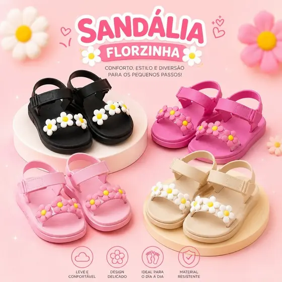 Sandália Papete Velcro Infantil Menina Leve Confortável Antiderrapante Florzinhas