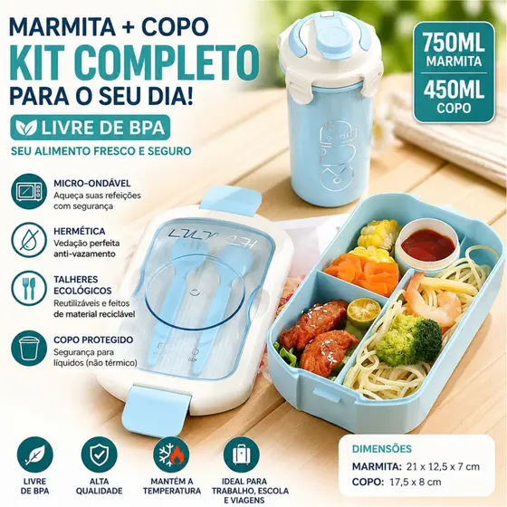 Marmita Hermética 750ML + Copo 450ML Anti Vazamento para Trabalho Escola e Viagem