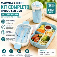 Marmita Hermética 750ML + Copo 450ML Anti Vazamento para Trabalho Escola e Viagem
