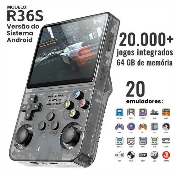 Console R36S Portátil Retro Sistema Android 64GB 3000mAh Tela IPS 3.5 Polegadas + 20.000 Jogos Clássicos