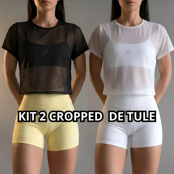 KIT 2 Cropped de Tule Feminino Transparente Academia Fitness Moda Verão