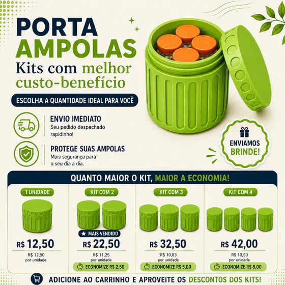Porta Ampolas para 4 Frascos de 0,5 ml até 3 ml - Estojo Organizador com Tampa Rosca