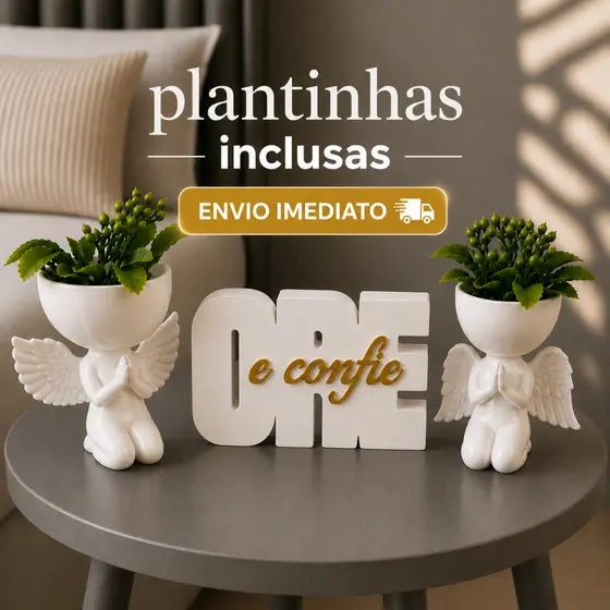 Palavra Decorativa Ore e Confie Cantinho da Oração Cristão, com Vaso Bob e Planta Inclusa