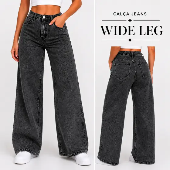 Calça Jeans Wide Leg Feminina Cintura Alta Pantalona Reta Premium Azul Marinho Preto Jeans Claro Médio