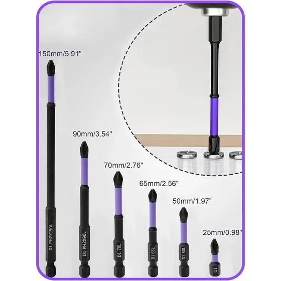 Chave De Fenda Magnética 6 Conjunto De Bits Unidades PH2 Phillips 25-150mm Antiderrapante À Prova De Choque Liga De Aço