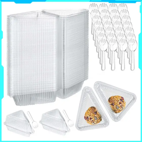 100 conjuntos de recipiente para fatiar bolo, caixa plástica descartável para fatiar sobremesa, com colher para lanche