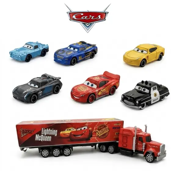 Relâmpago McQueen Carreta Mack de Metal + 6 Carrinhos de Metal Filme Carros Brinquedo Infantil