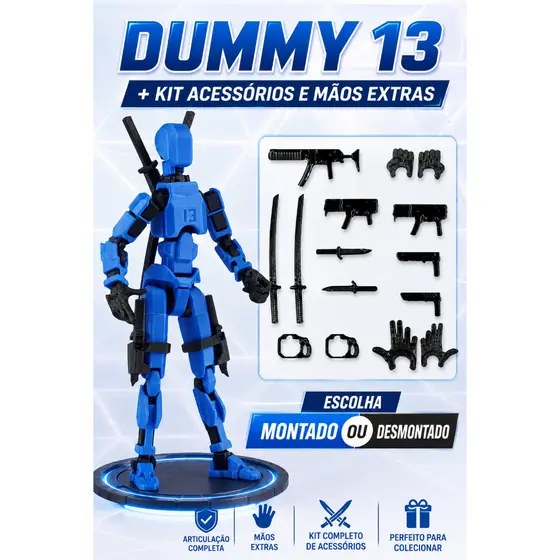 Dummy 13 com Kit acessórios e mãos extras - Boneco Articulado - Action Figure - Quebra-Cabeça - Impressão 3D