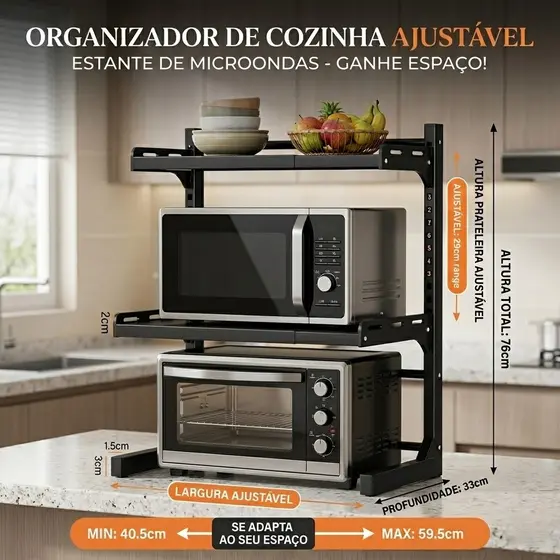 Rack Suporte Para Microondas Prateleira Organizador Ajustável de Cozinha