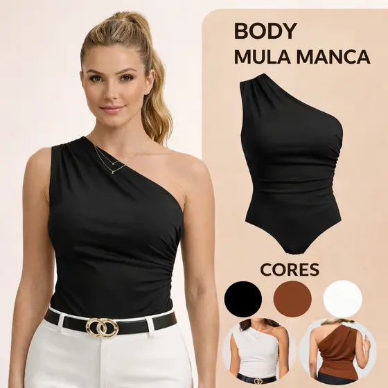 Body Feminino Mula Manca Suplex Um Ombro Só Plissado Com Forro Premium Bory Moda Blogueira