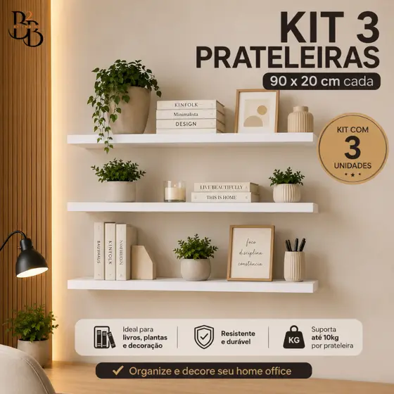 3 PRATELEIRAS MDF 60x2070x2080x2090x20 parede branca organizadora cozinha quarto sala escritório madeira livros estante.