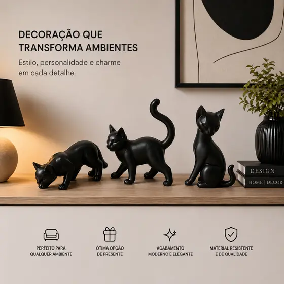 3 Escultura Gato Decorativo Para Casa Mesa e Estante Decoração Moderna Casa