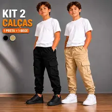 Kit 2 Calça Cargo Jogger Infantil Juvenil Street Premium Bege Caqui Preto Algodão Ótima Qualidade 10 ao 16