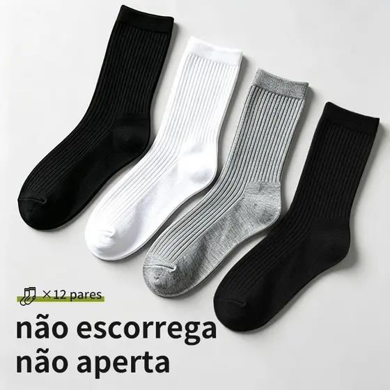 Kit 6 9 12 15 Pares Meias Masculinas Cano Médio Ripa Anti-Deslizante Elástico Suave Preto Branco Cinza Social Casual Tod