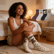 3-12Meias Femininas de Algodão com Urso de Pelúcia - Estilo Casual e Confortável