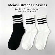 Kit 5/10 Pares Meias Listradas 3 Listras Cano Médio Masculina Unissex Algodão