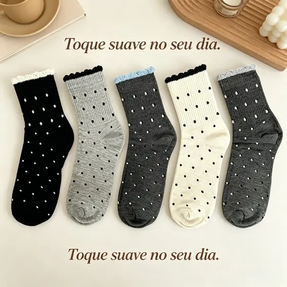 Kit Meia Feminina Poá com Borda de Renda 2/6/12 Pares Algodão Confortável